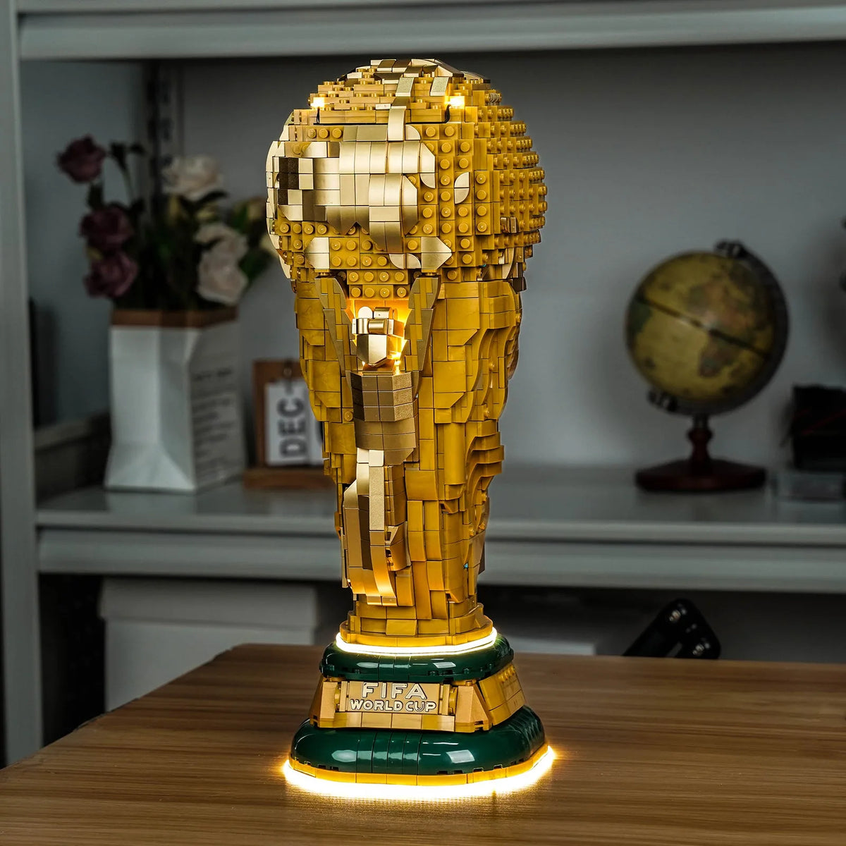 LEGO® FIFA World Cup Official Trophy #43020 LED kit powered on, with the premium LED light kit