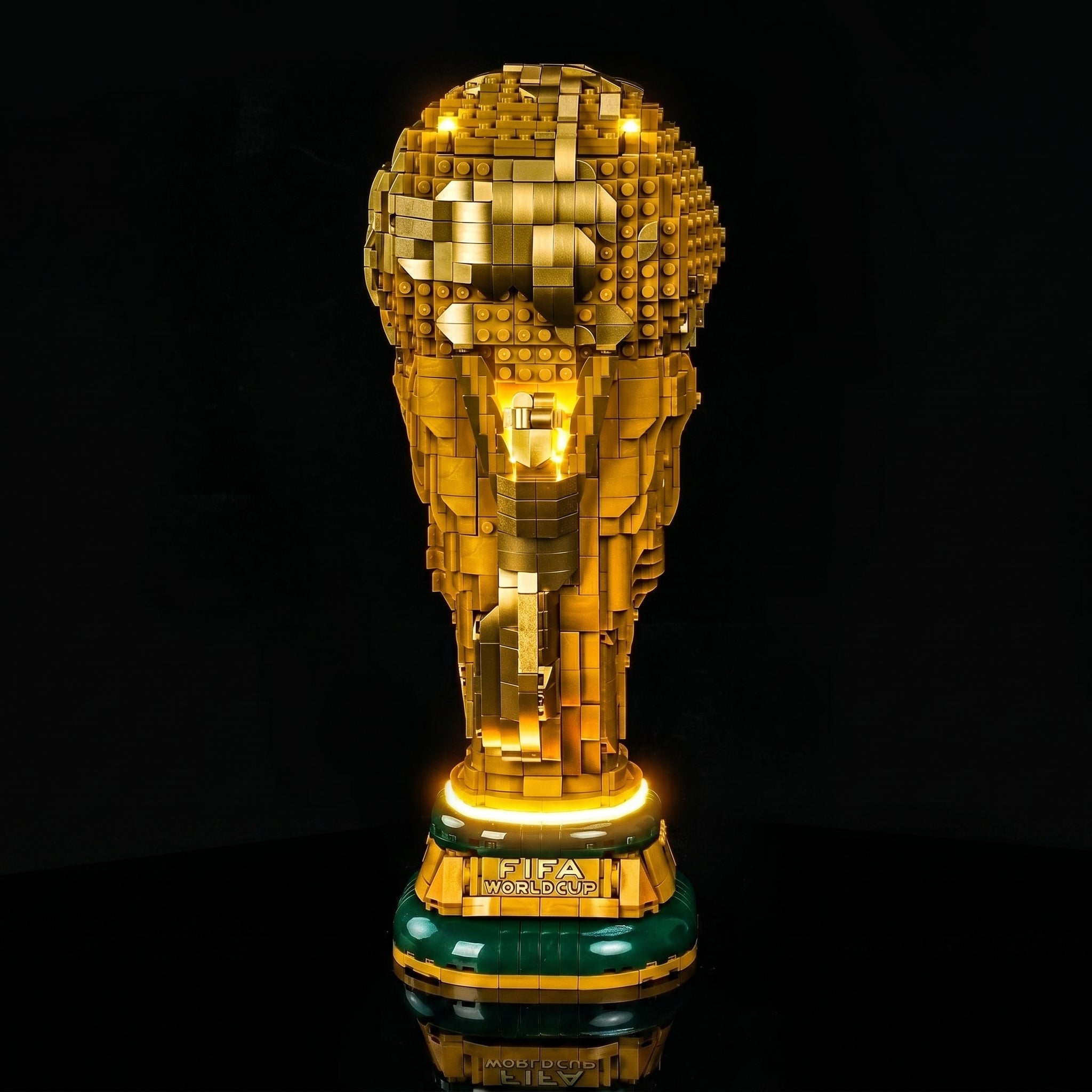 LEGO® FIFA World Cup Official Trophy #43020 — installed and glowing (RGB LED light kit)