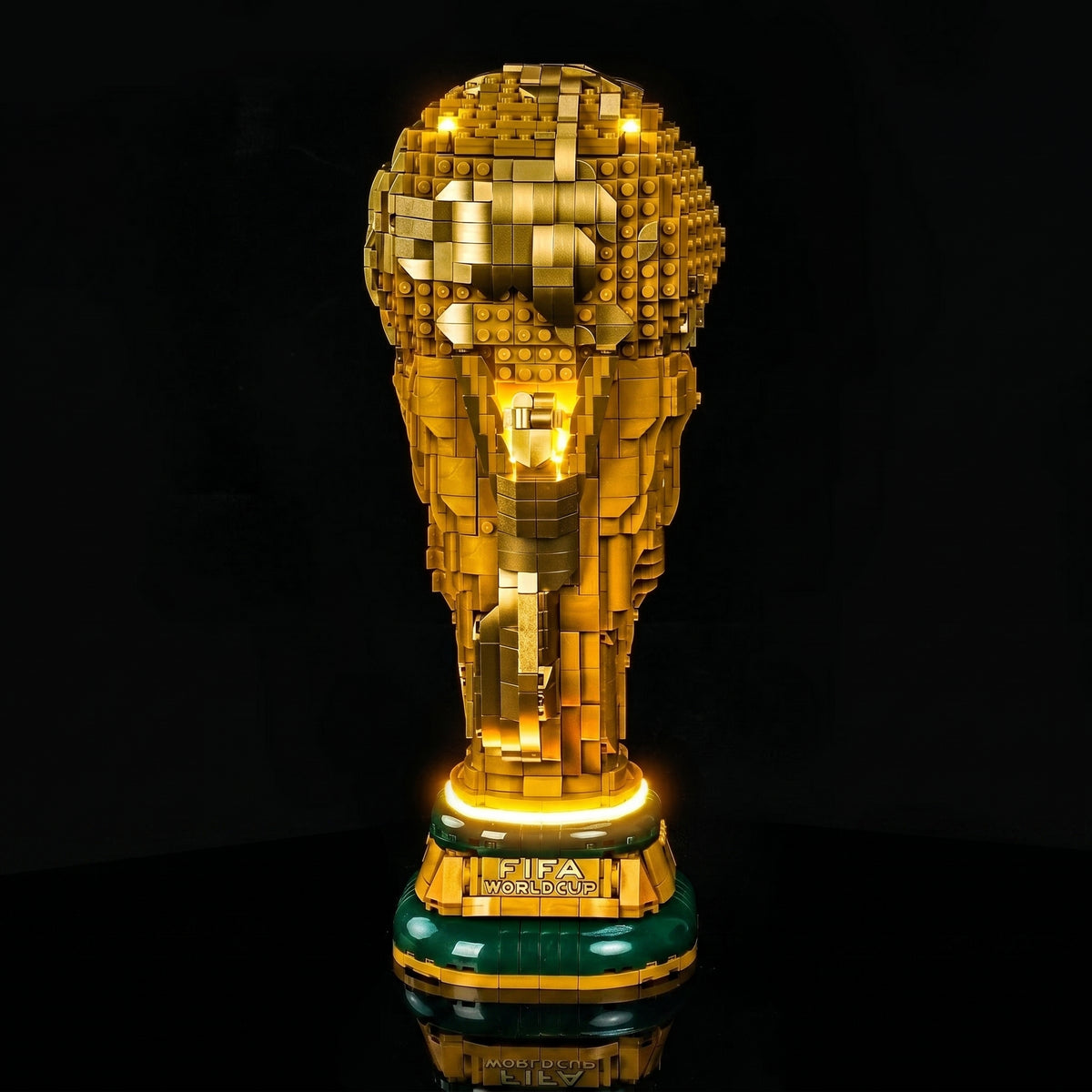 LEGO® FIFA World Cup Official Trophy #43020 — installed and glowing (RGB LED light kit)