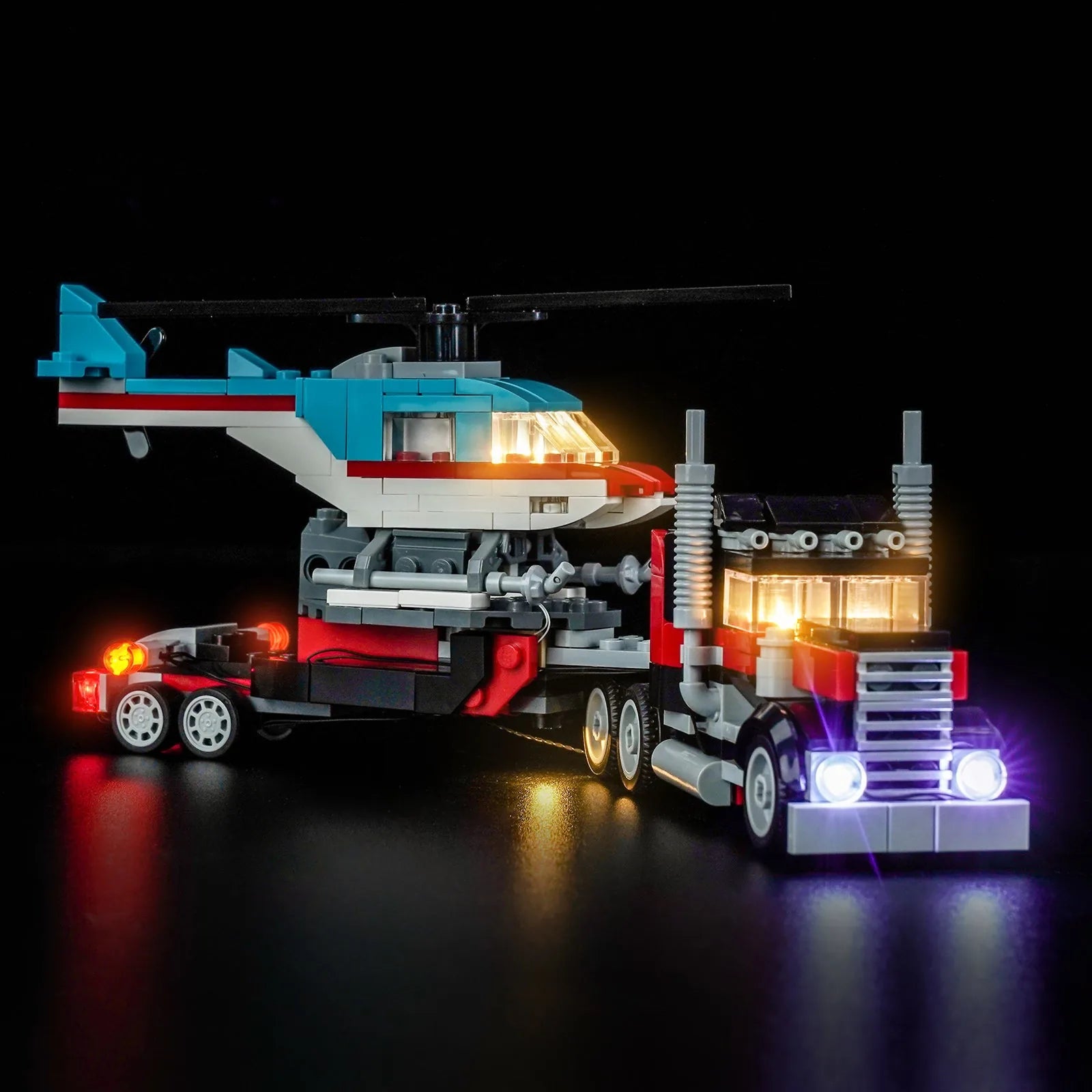 LEGO Flatbed Truck with Helicopter #31146 lit up - front angle