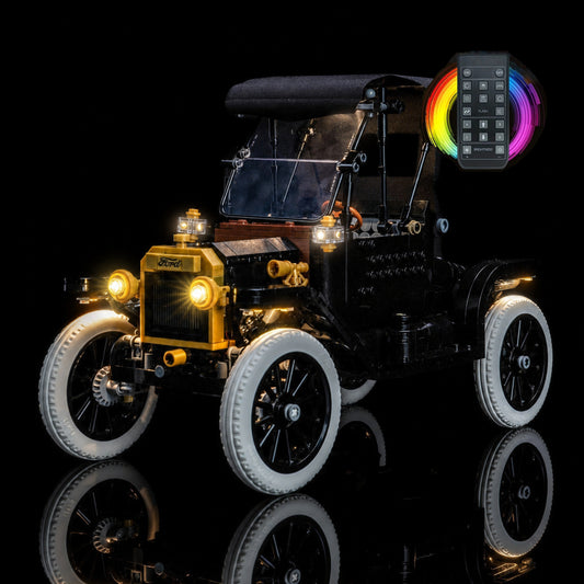 custom LED lighting for LEGO® Ford Model T #11376, side angle with lights on