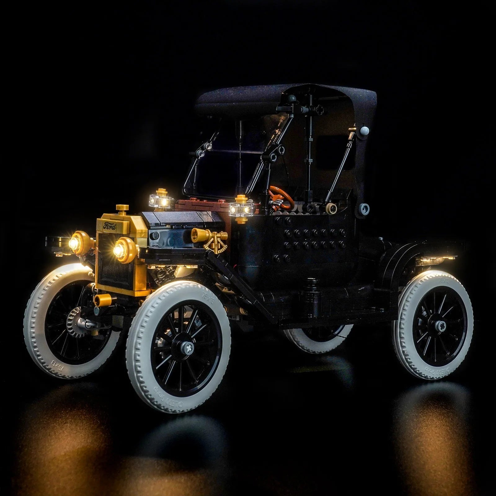 Close-up of LED lights on LEGO Ford Model T #11376