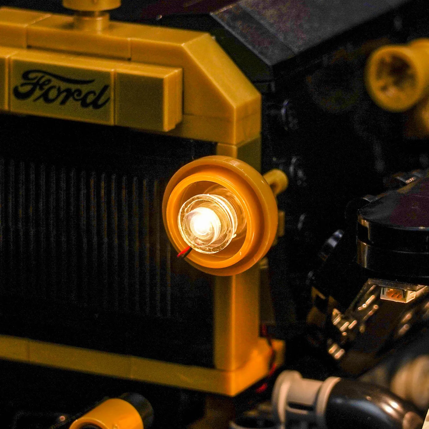 front view fully lit: Bright My Bricks USB-powered LED light kit for LEGO® Ford Model T #11376