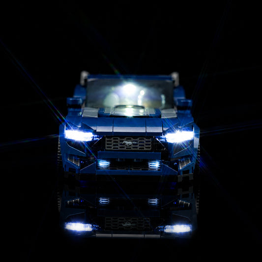LEGO® Ford Mustang Dark Horse Sports Car #76920 front view fully lit, with the custom LED lighting