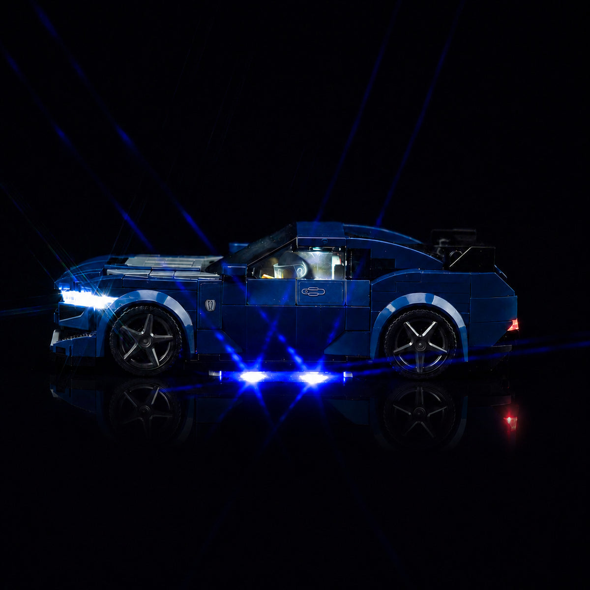 LEGO® Ford Mustang Dark Horse Sports Car #76920 close-up of the LED lighting detail, with the display light kit
