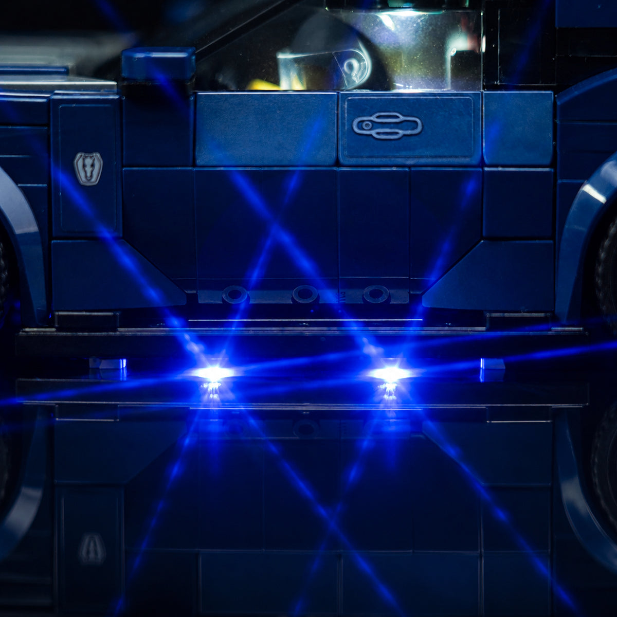 LEGO® Ford Mustang Dark Horse Sports Car #76920 — fully illuminated on display (light kit)