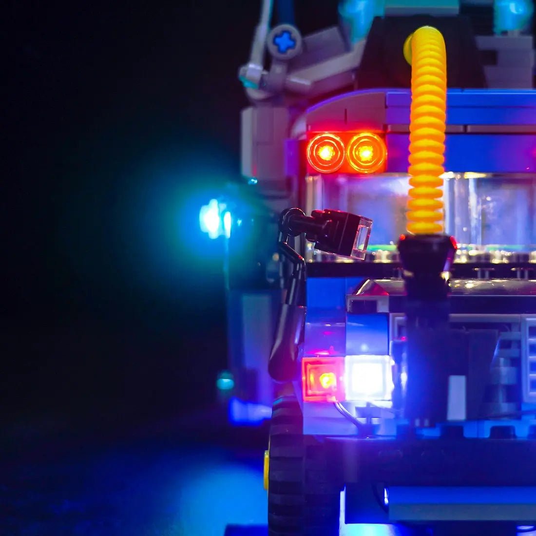 LEGO Fortnite Battle Bus #77073 illuminated at night