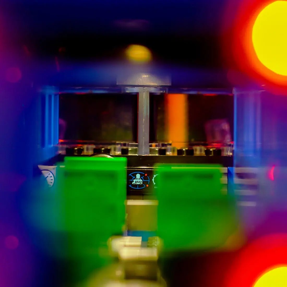 Close-up of LED lights on LEGO Fortnite Battle Bus #77073