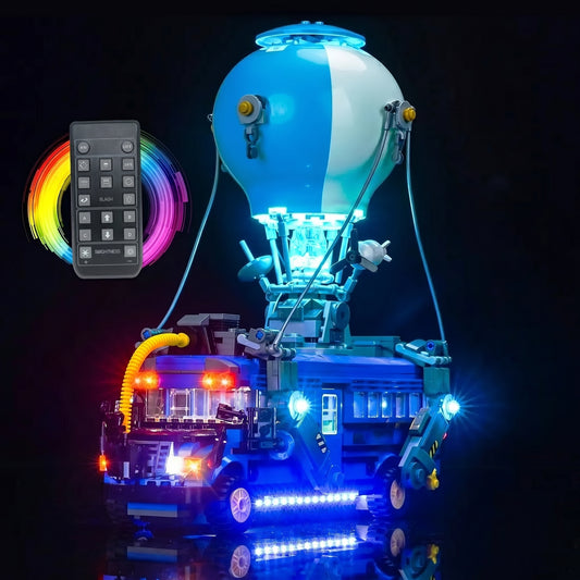 LED kit powered on: Bright My Bricks RGB LED light kit for LEGO® Fortnite Battle Bus #77073