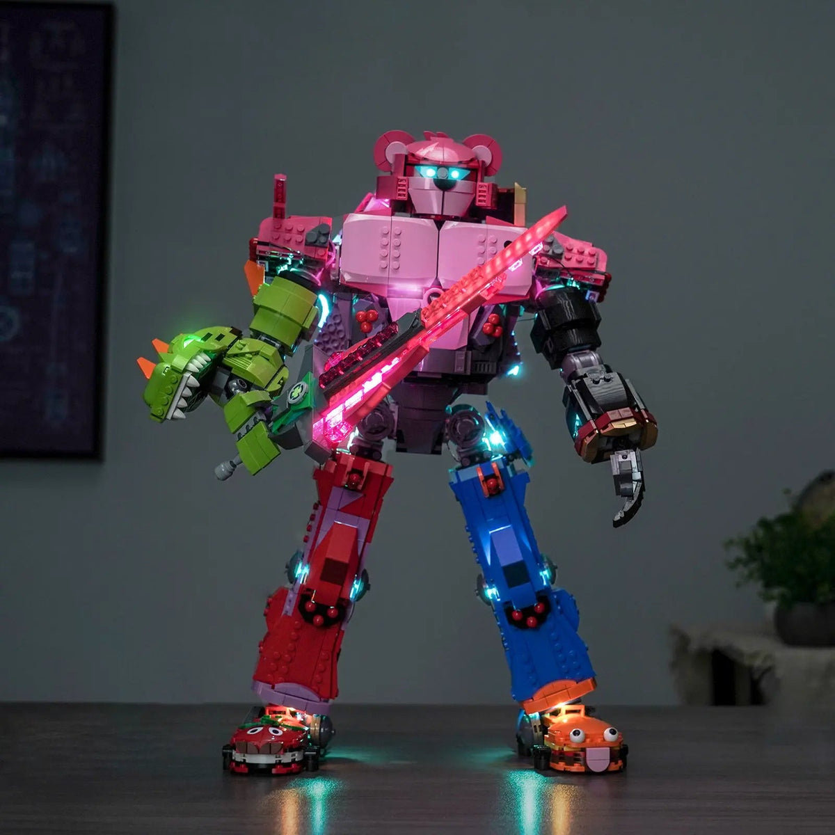 Bright My Bricks light kit for LEGO® Fortnite Mecha Team Leader #77078 — illuminated at night