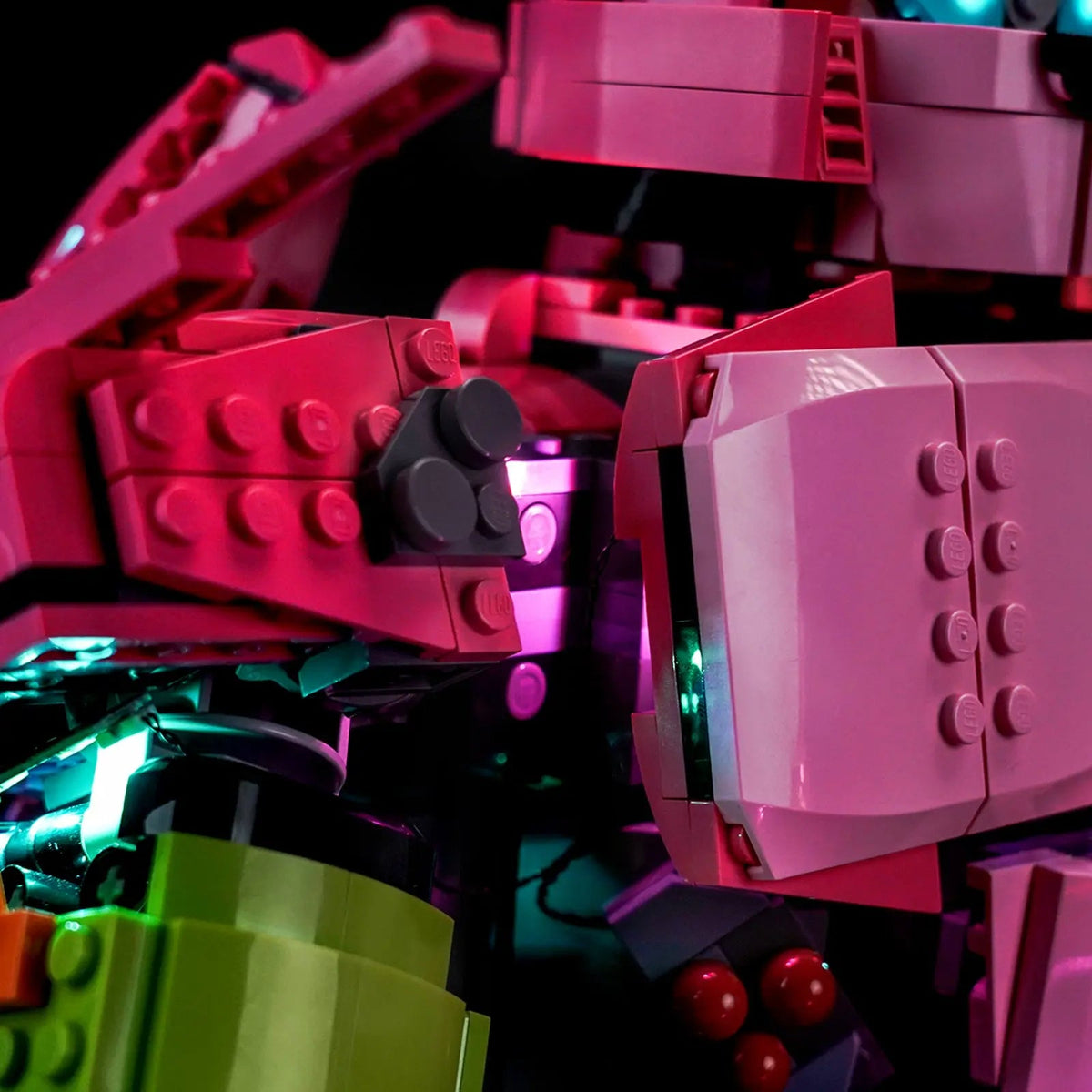 warm LED glow detail: Bright My Bricks USB-powered LED light kit for LEGO® Fortnite Mecha Team Leader #77078
