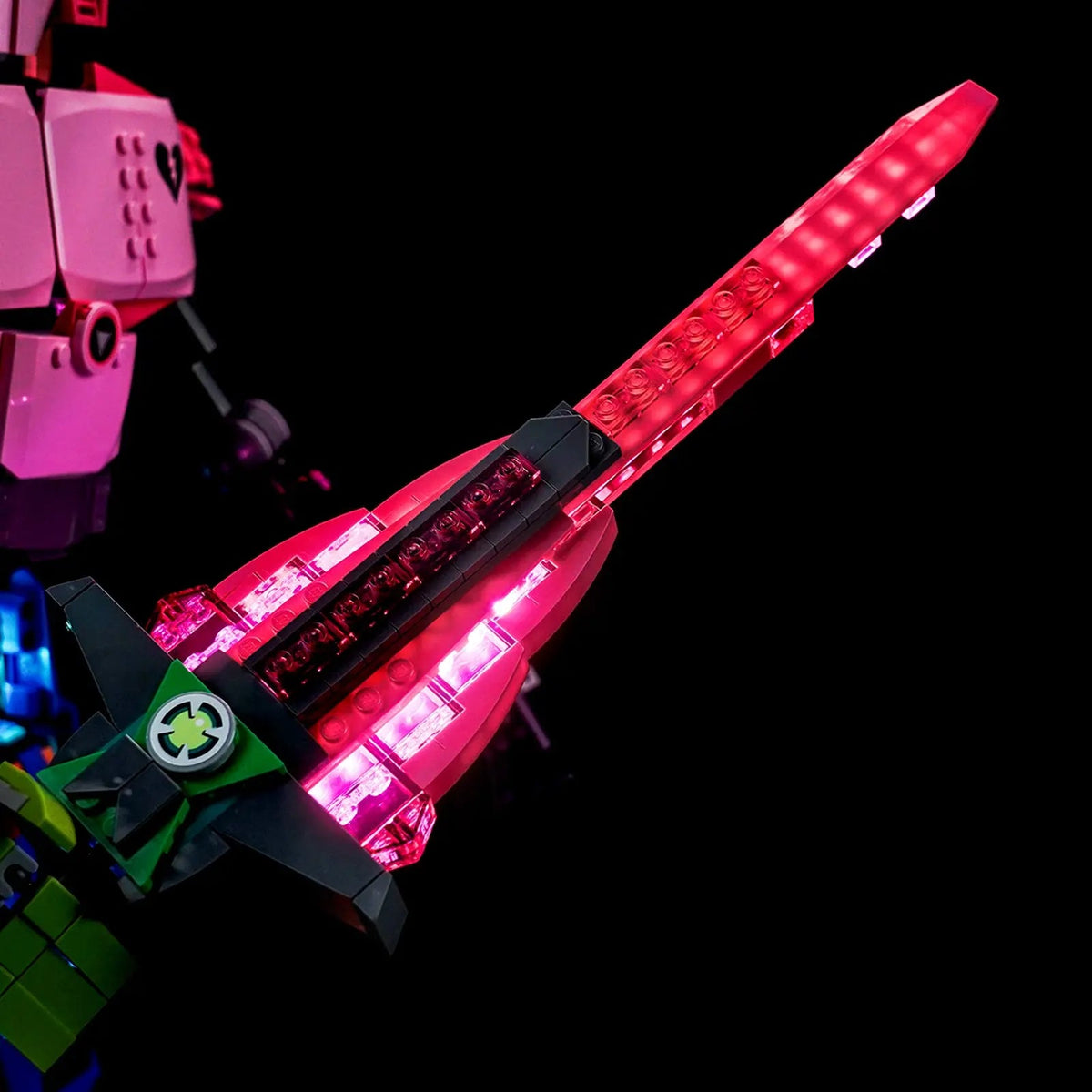 LEGO® Fortnite Mecha Team Leader #77078 before-and-after lighting, with the RGB LED light kit
