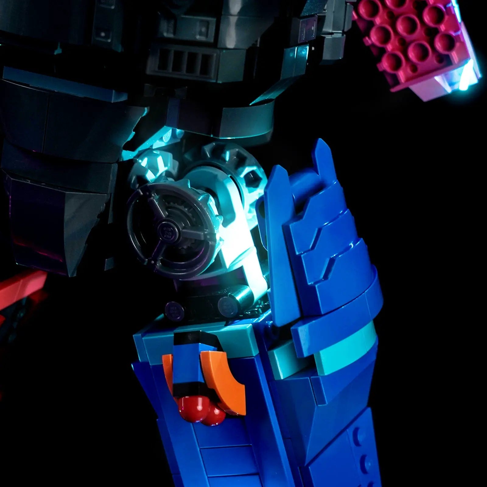 USB-powered LED light kit for LEGO® Fortnite Mecha Team Leader #77078, illuminated at night