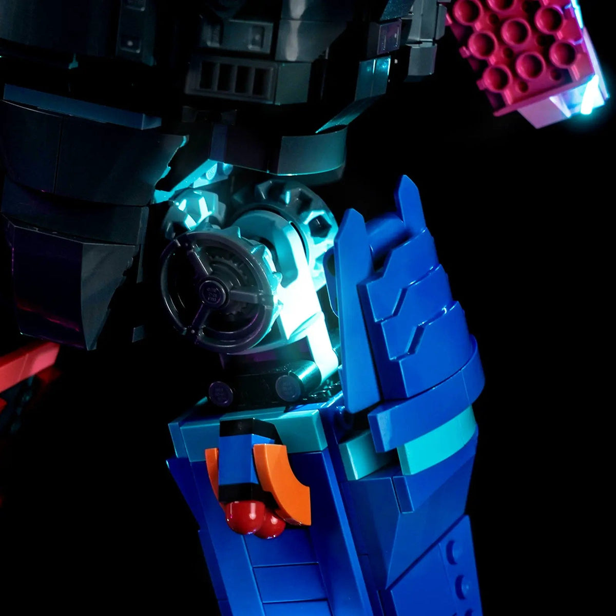 USB-powered LED light kit for LEGO® Fortnite Mecha Team Leader #77078, illuminated at night
