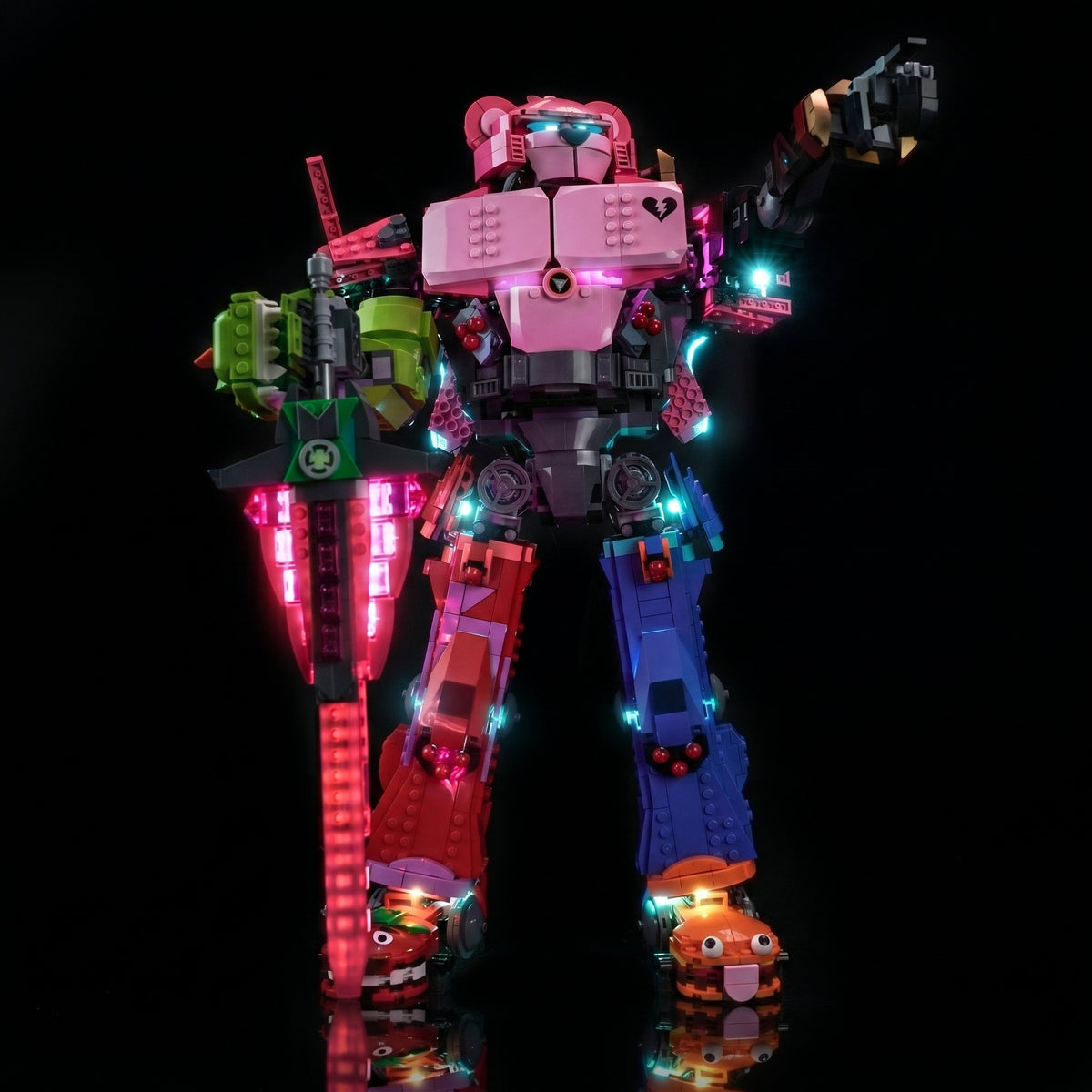 LEGO® Fortnite Mecha Team Leader #77078 — side angle with lights on (DIY LED light kit)