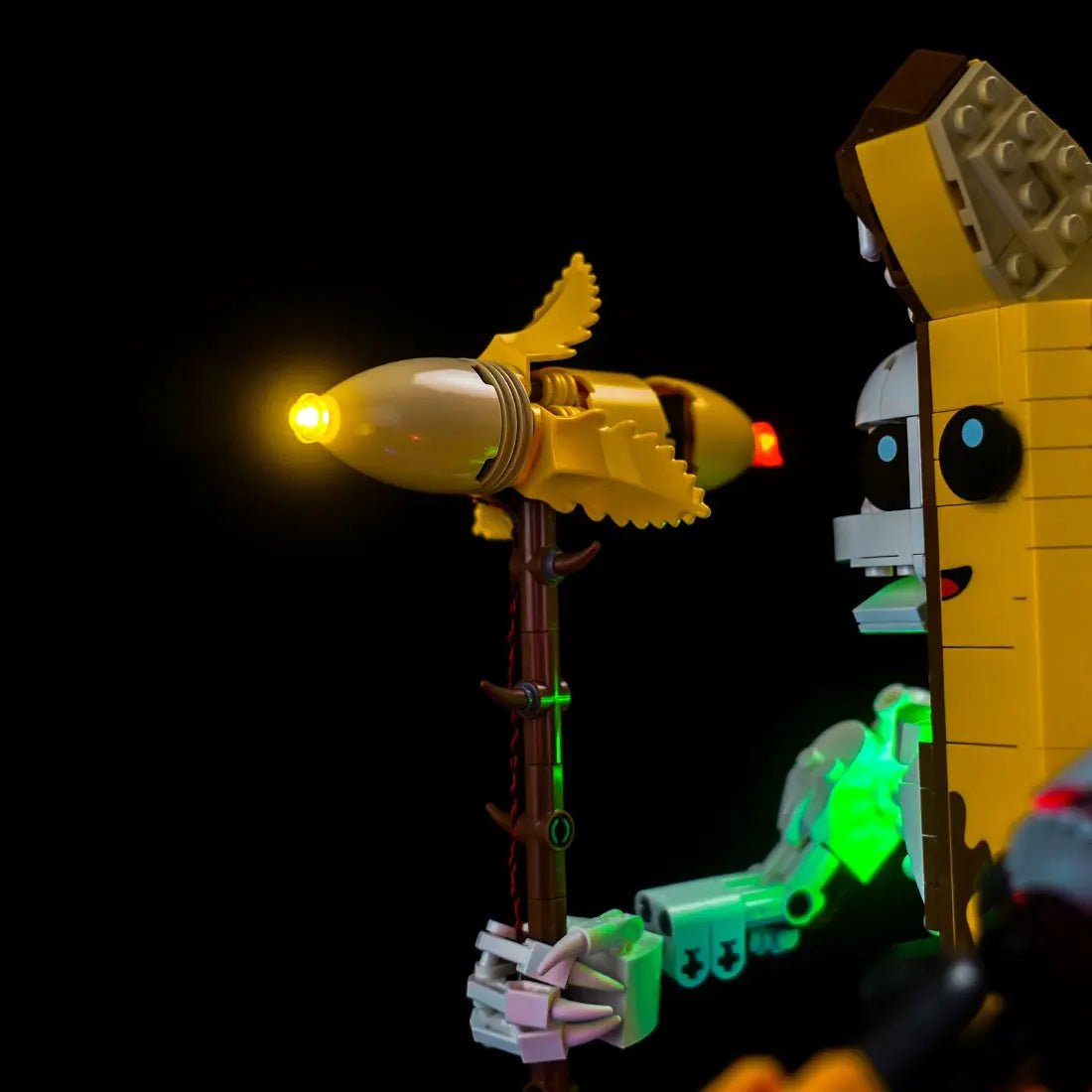 LEGO® Fortnite Peely Bone #77072 showcase lighting view, with the display light kit