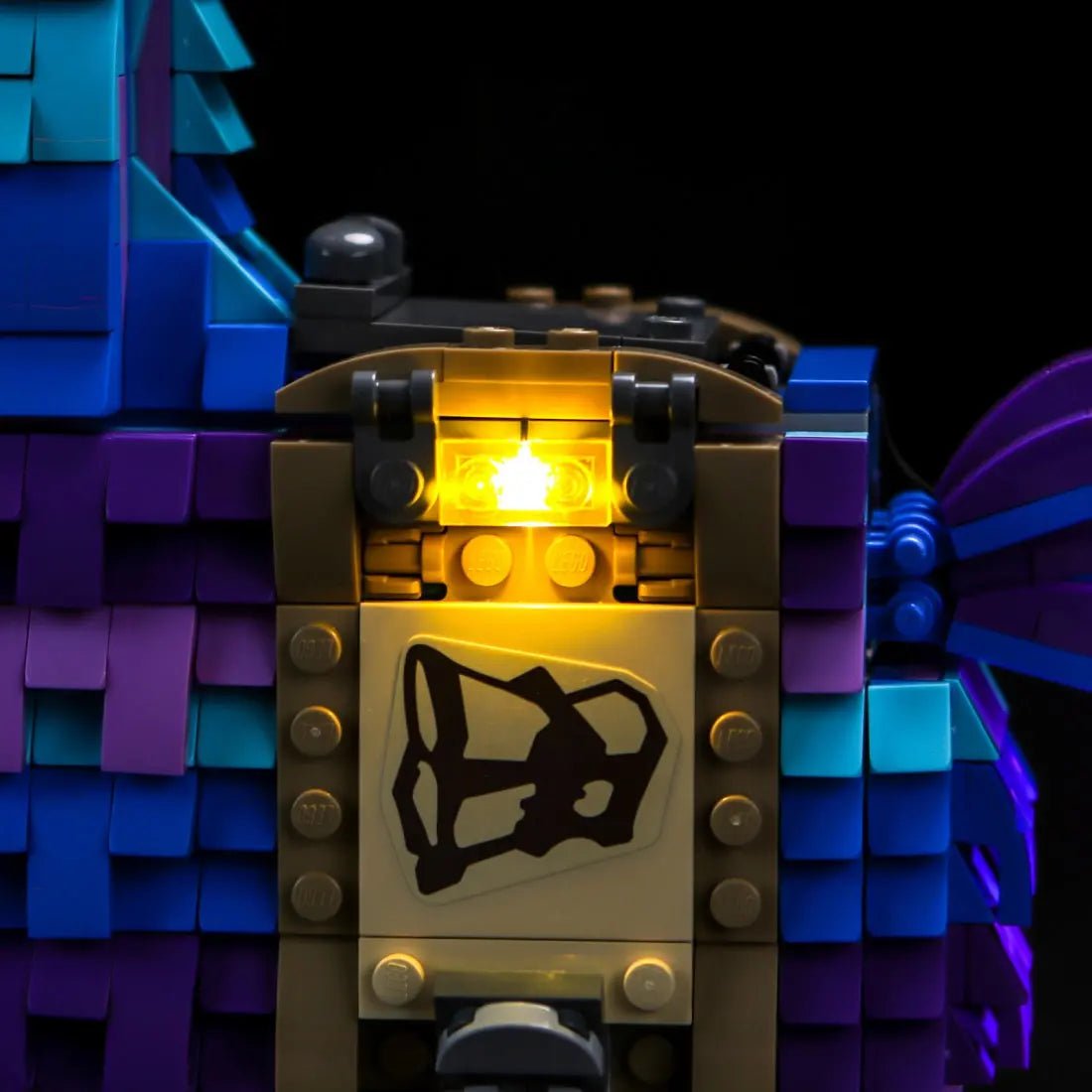 LEGO® Fortnite Supply Llama #77071 — side angle with lights on (LED light kit)