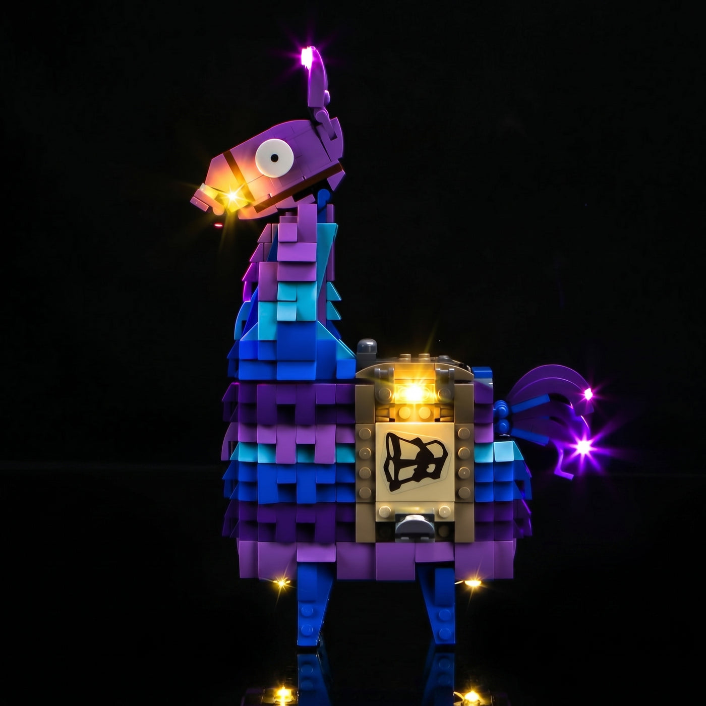 showcase lighting view: Bright My Bricks premium LED light kit for LEGO® Fortnite Supply Llama #77071