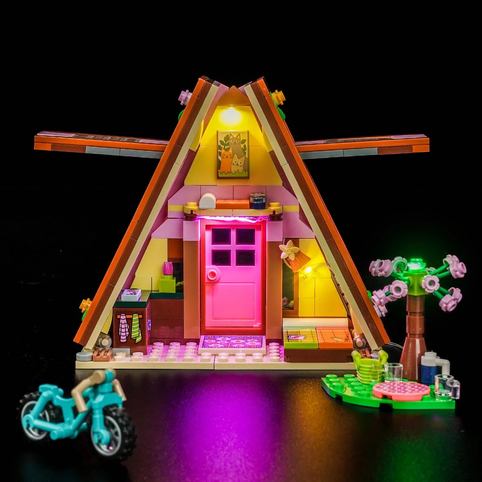 Close-up of LED lights on LEGO Friends Nature Glamping Cabin #42682