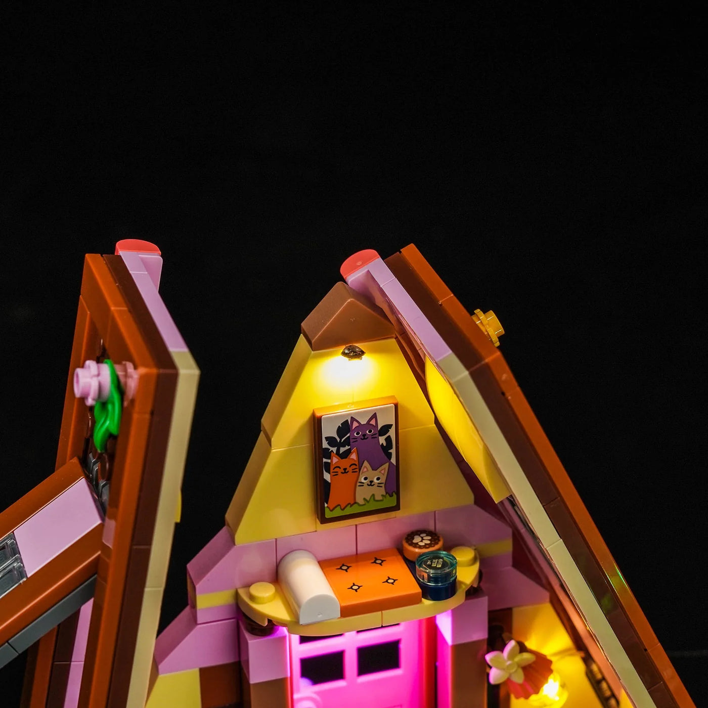 LEGO® Friends Nature Glamping Cabin #42682 — installed and glowing (USB-powered LED light kit)