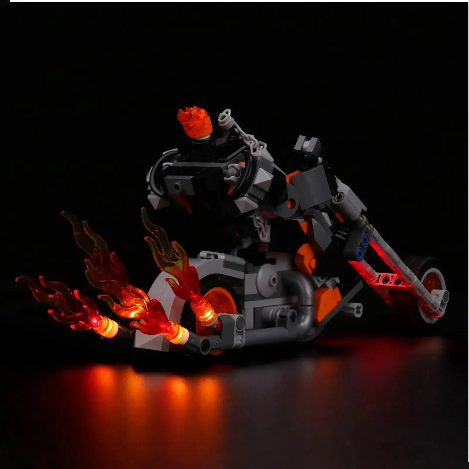 LEGO® Ghost Rider Mech & Bike #76245 brightened interior detail, with the LED lights