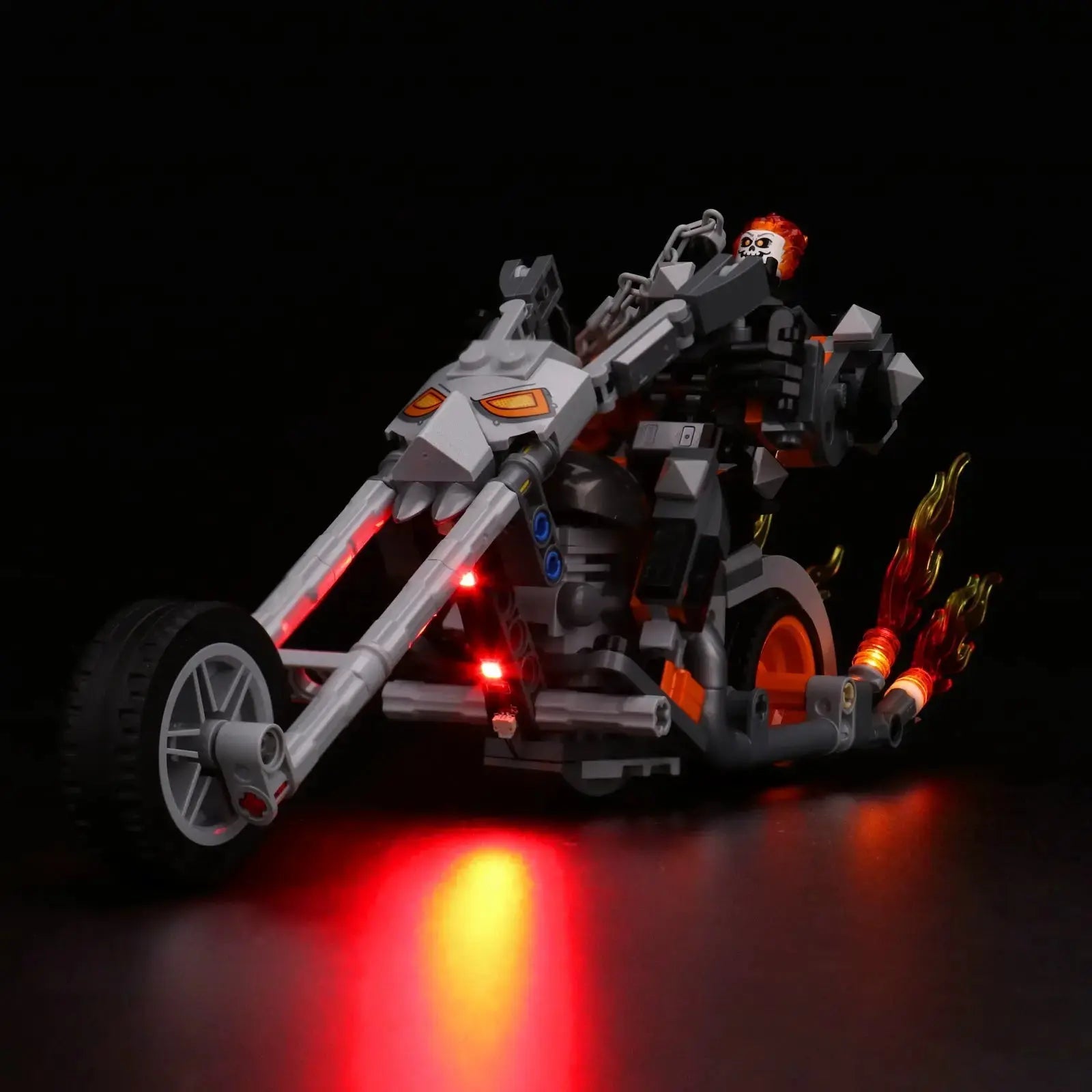 Bright My Bricks light kit for LEGO® Ghost Rider Mech & Bike #76245 — display lighting in a dark room