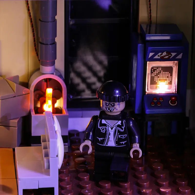 LEGO® Ghostbusters Firehouse Headquarters #75827 LED kit powered on, with the RGB LED light kit