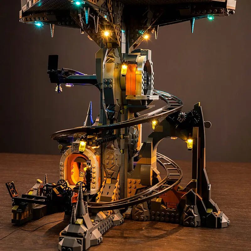 LEGO® Gringotts Wizarding Bank #76417 side angle with lights on, with the LED lights