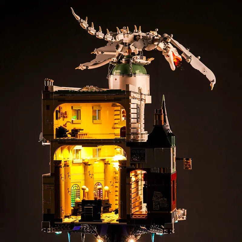 LEGO® Gringotts Wizarding Bank #76417 showcase lighting view, with the custom LED lighting