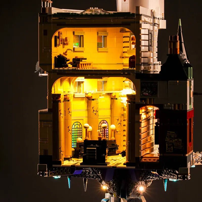 USB-powered LED light kit for LEGO® Gringotts Wizarding Bank #76417, illuminated at night