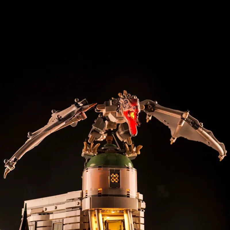 LEGO® Gringotts Wizarding Bank #76417 side angle with lights on, with the display light kit
