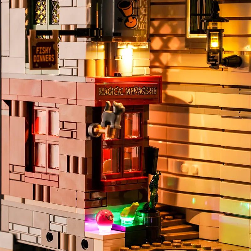 Bright My Bricks display light kit for LEGO® Gringotts Wizarding Bank #76417 — side angle with lights on