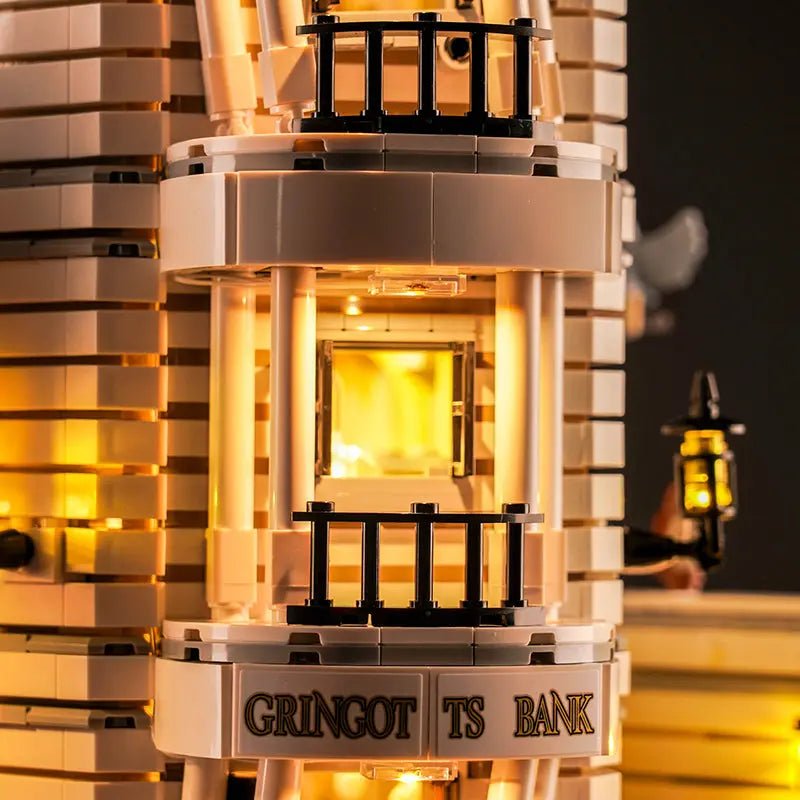 Bright My Bricks premium LED light kit for LEGO® Gringotts Wizarding Bank #76417 — side angle with lights on