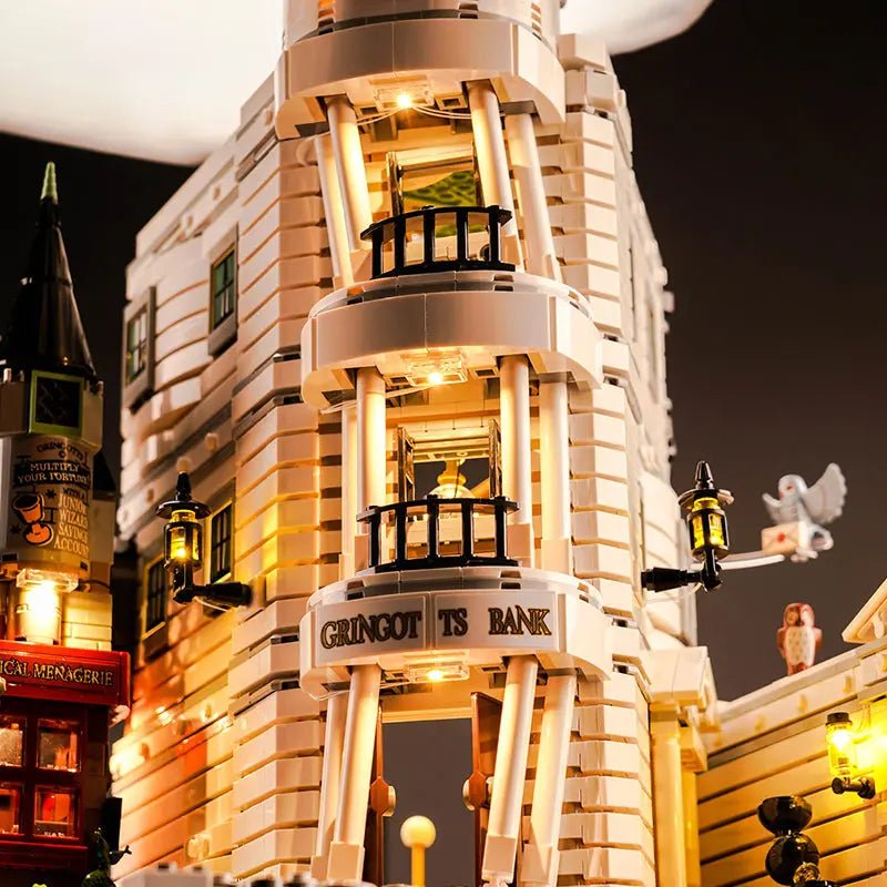 fully illuminated on display: Bright My Bricks display light kit for LEGO® Gringotts Wizarding Bank #76417