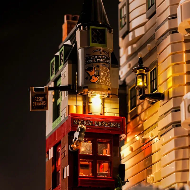 Bright My Bricks DIY LED light kit for LEGO® Gringotts Wizarding Bank #76417 — before-and-after lighting