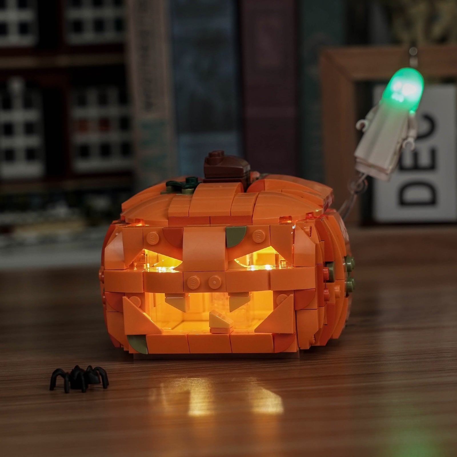 Bright My Bricks LED light kit for LEGO® Halloween Pumpkin Lantern #40872 — fully illuminated on display