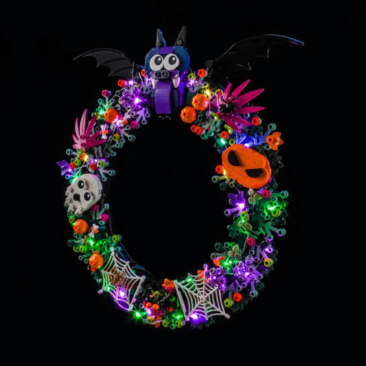 LEGO® Halloween Wreath #40825 close-up of the LED lighting detail, with the LED light kit