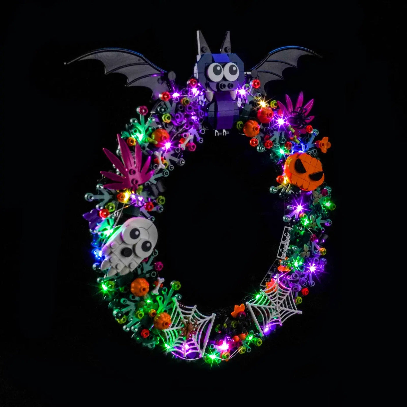 before-and-after lighting: Bright My Bricks LED light kit for LEGO® Halloween Wreath #40825