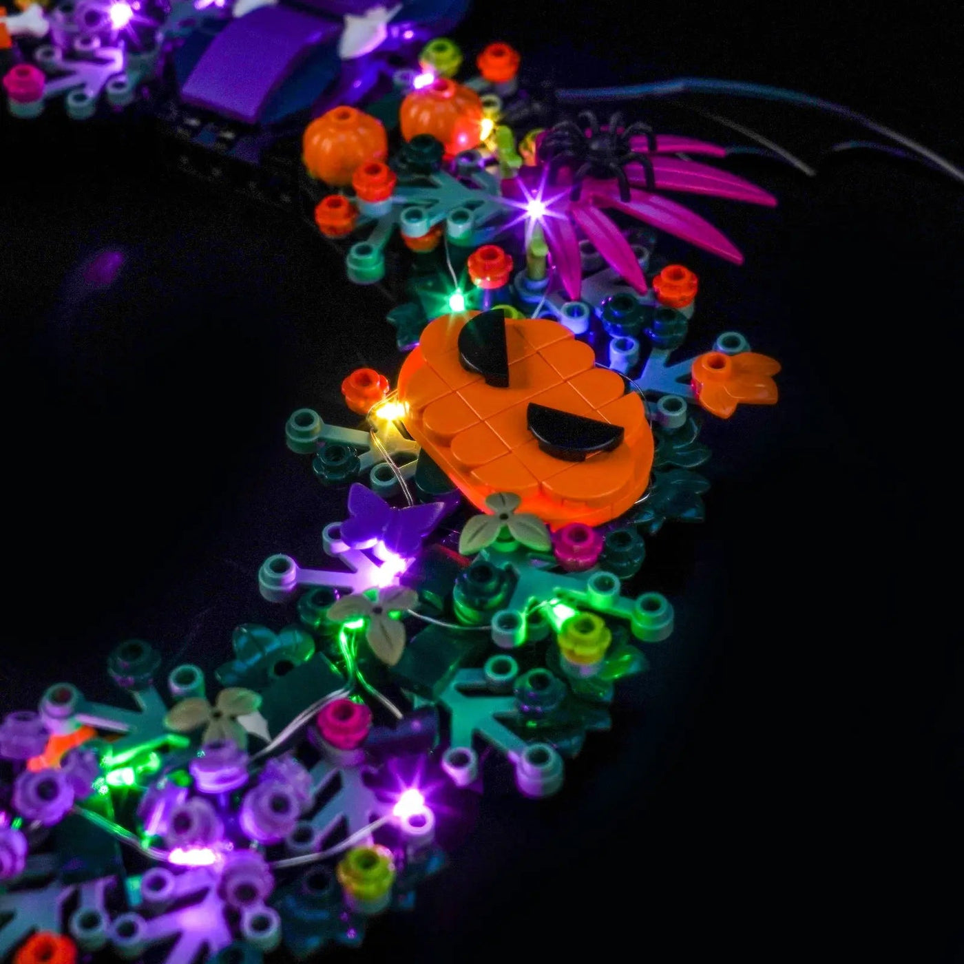 light kit for LEGO® Halloween Wreath #40825, side angle with lights on