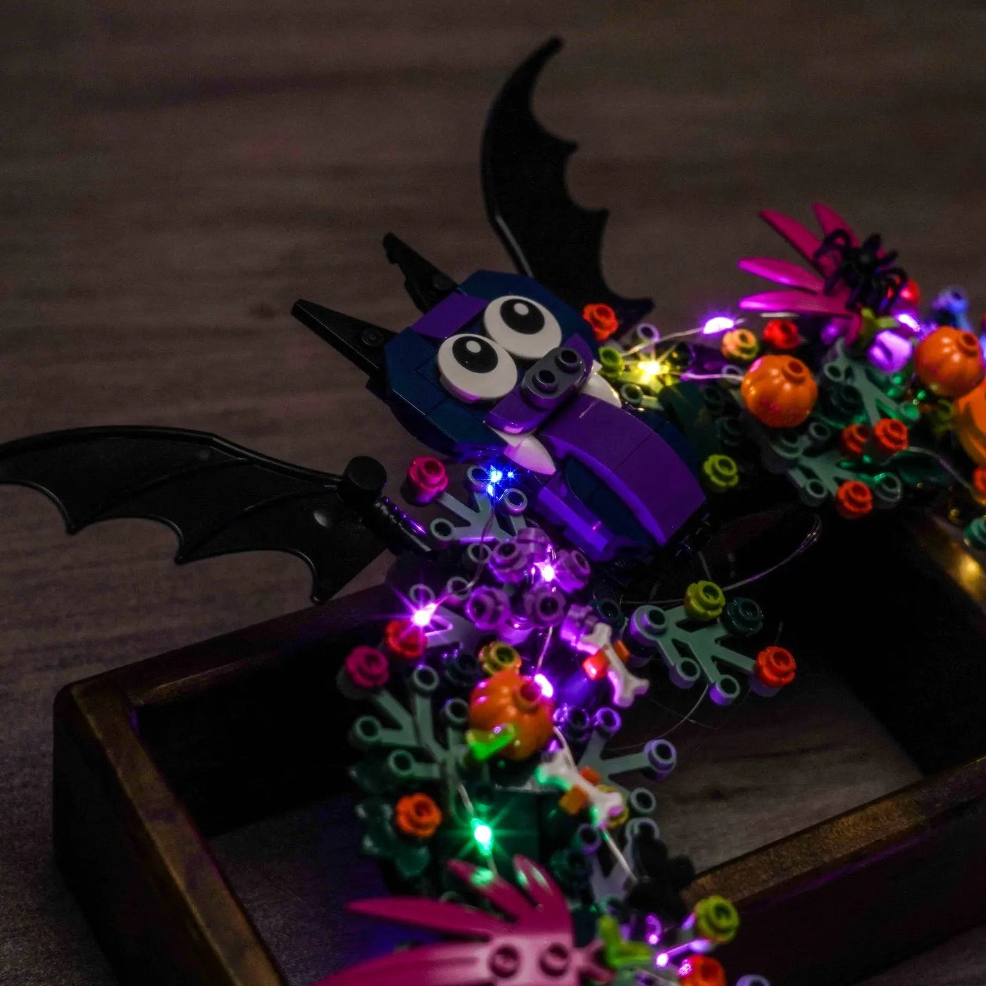 LED light kit for LEGO® Halloween Wreath #40825, installed and glowing