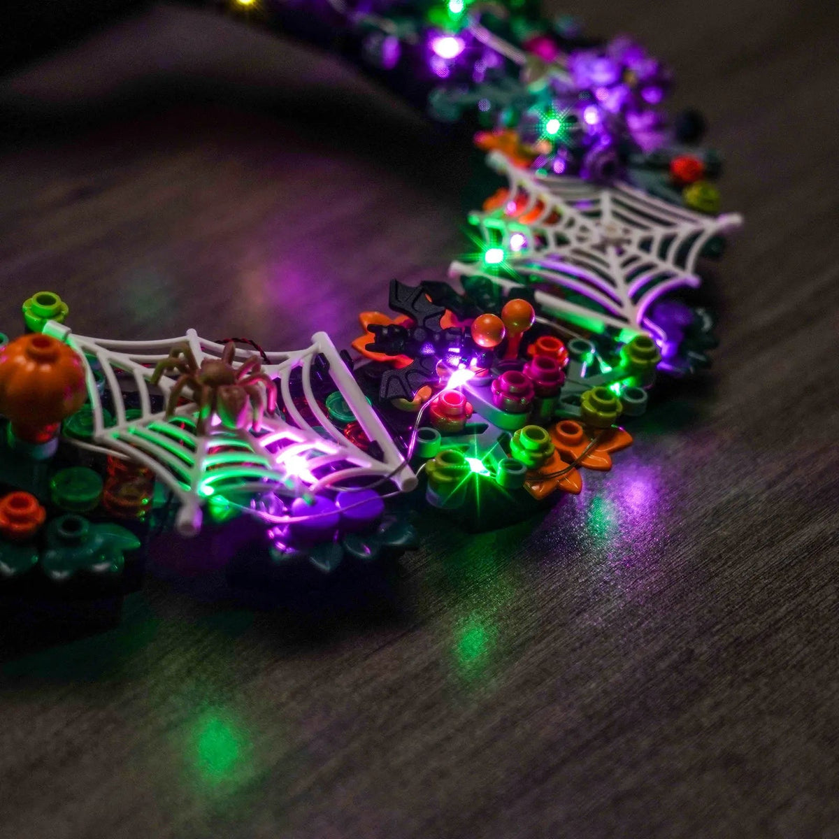 LED lights for LEGO® Halloween Wreath #40825, illuminated at night