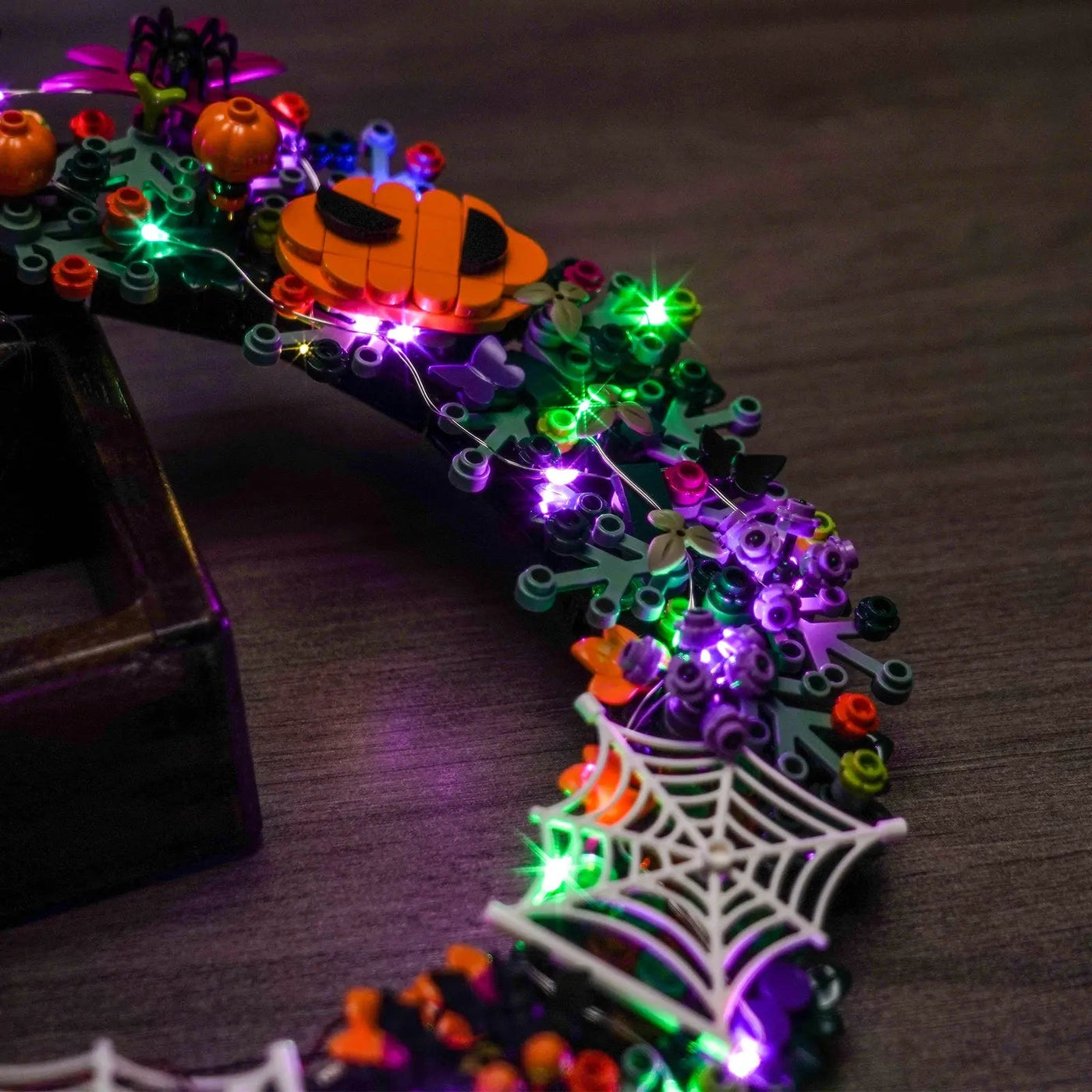 Bright My Bricks premium LED light kit for LEGO® Halloween Wreath #40825 — showcase lighting view