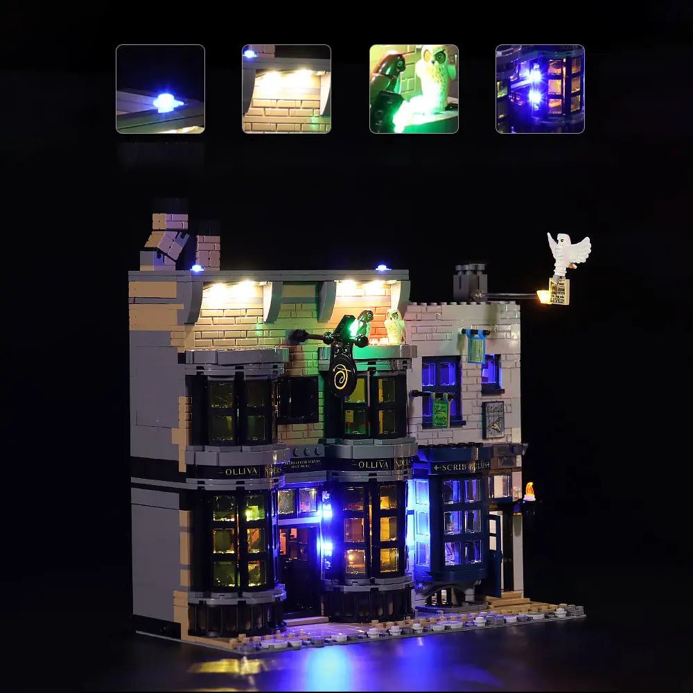 LEGO Harry Potter Diagon Alley #75978 illuminated at night