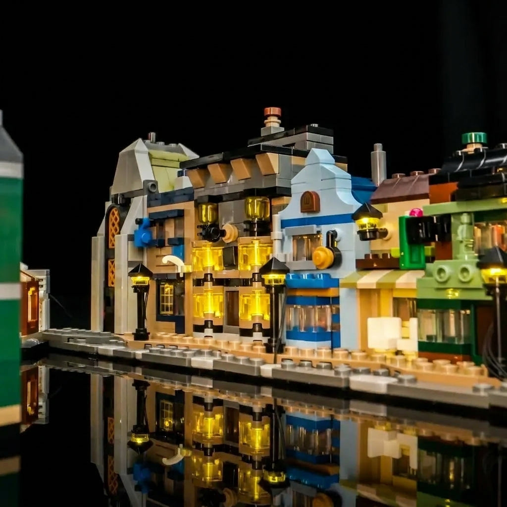 LEGO® Harry Potter Diagon Alley: Wizarding Shops #76444 brightened interior detail, with the premium LED light kit