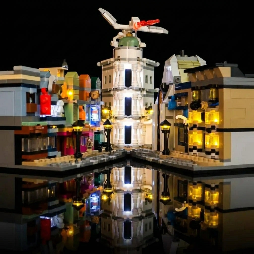 LEGO® Harry Potter Diagon Alley: Wizarding Shops #76444 display lighting in a dark room, with the display light kit