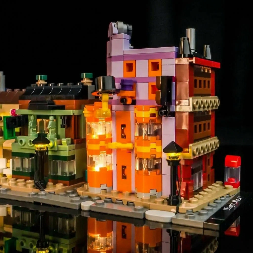 front view fully lit: Bright My Bricks light kit for LEGO® Harry Potter Diagon Alley: Wizarding Shops #76444