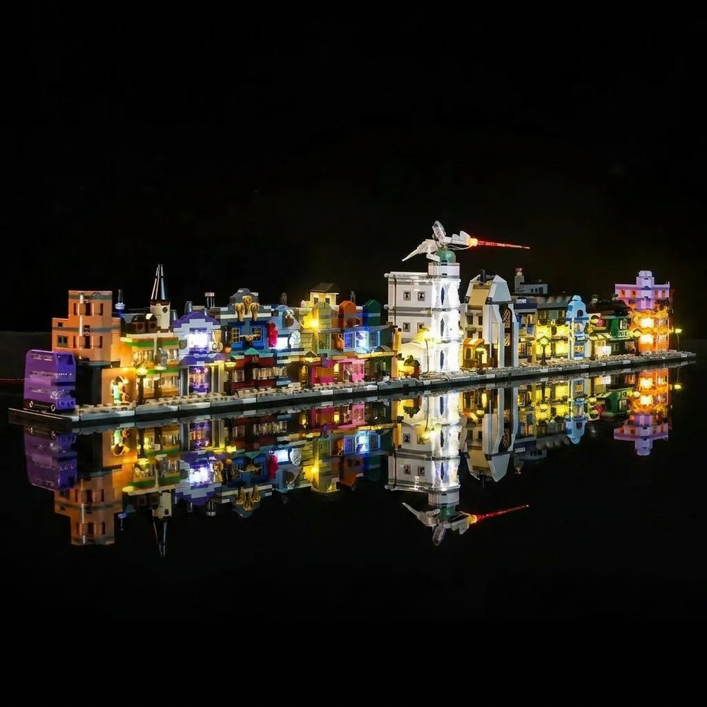 RGB LED light kit for LEGO® Harry Potter Diagon Alley: Wizarding Shops #76444, front view fully lit