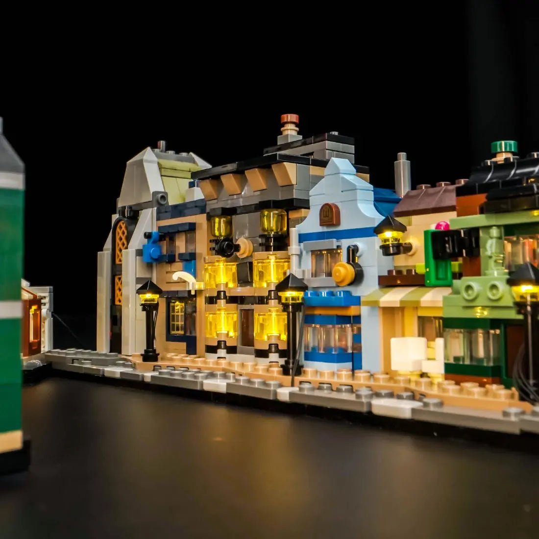 Close-up of LED lights on LEGO Harry Potter Diagon Alley: Wizarding Shops #76444
