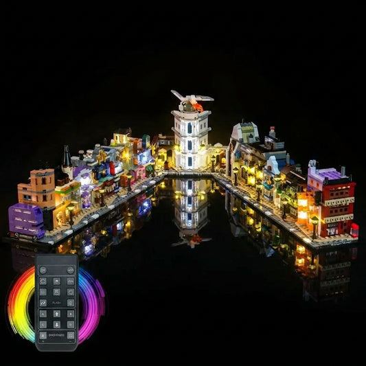fully illuminated on display: Bright My Bricks display light kit for LEGO® Harry Potter Diagon Alley: Wizarding Shops #76444