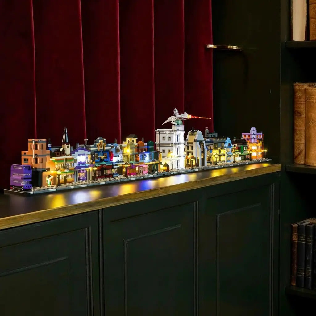 LED lighting kit for LEGO® Harry Potter Diagon Alley: Wizarding Shops #76444, front view fully lit